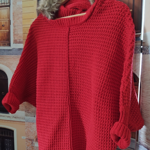 Waffle-Knit ♥️ Red Hoodie-Sweater + Faux-Fur Trim~ 1 Size Fit - Picture 3 of 8